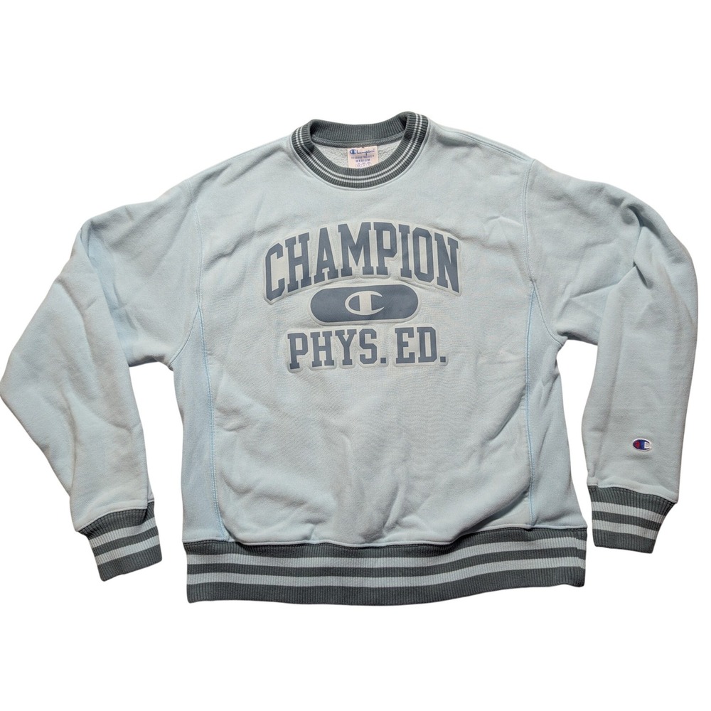 Champion Reverse Weave Phys Ed Sweatshirt Light Blue Grey Striped Trim Medium